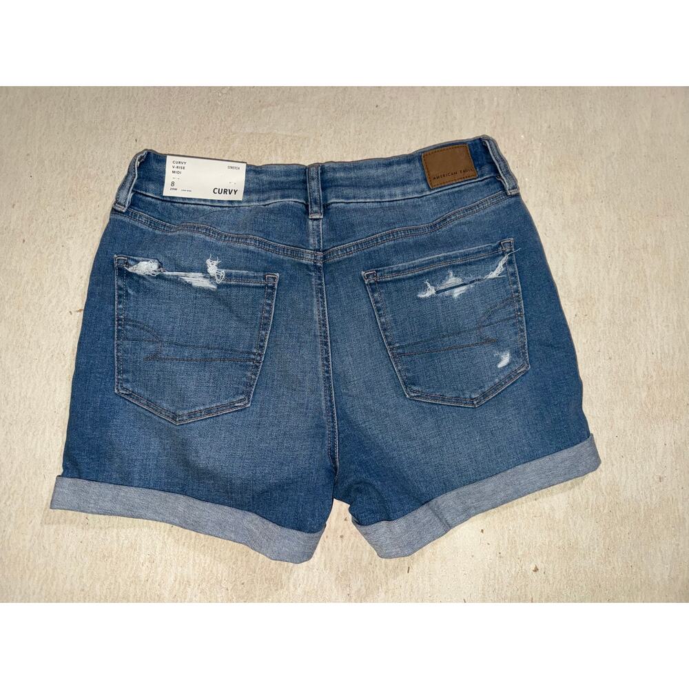American Eagle women’s new stretch curvy v-rise midi blue jeans shorts - Picture 4 of 16